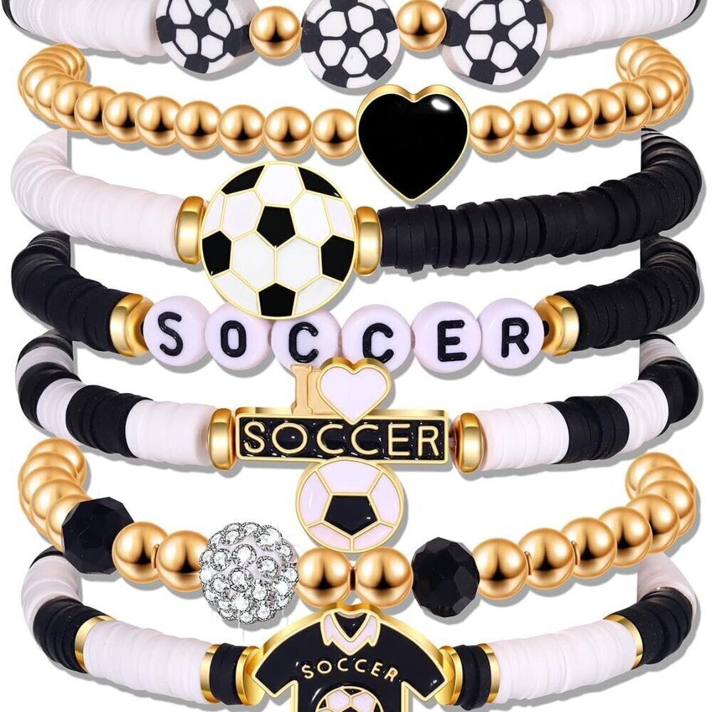 Sports Bracelets Women Beaded Set 7 Black White Soccer Charm Gift